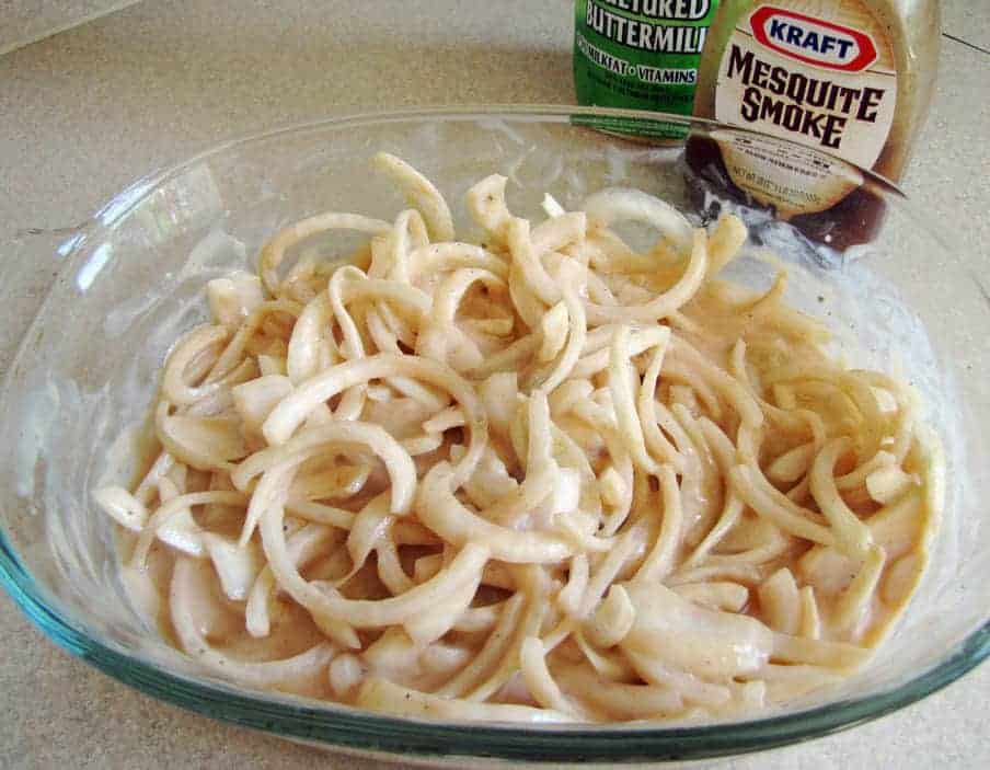 Prepped onion strings and sauce.