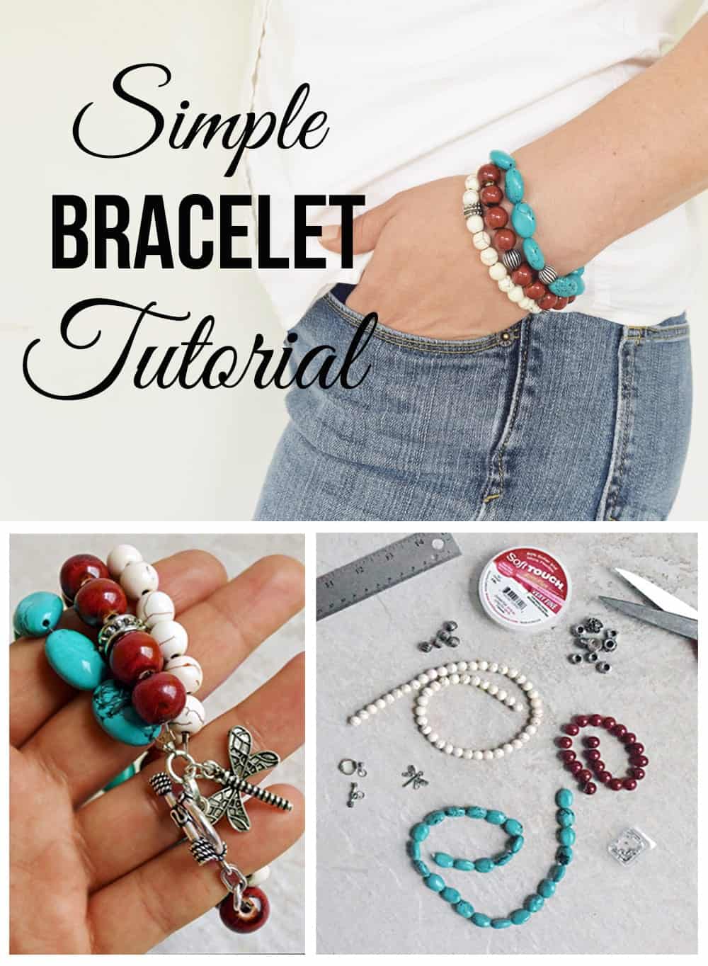 Simple DIY bracelet collage with supplies and completed bracelet on woman's wrist. 