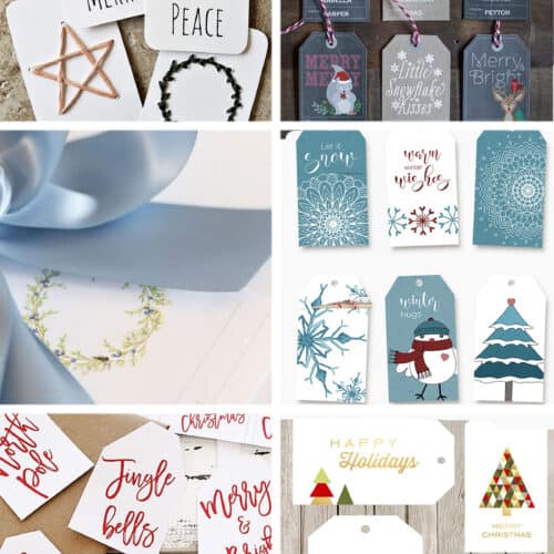 Collage of free printable Christmas tags in a range of colors like blue, red, and green.