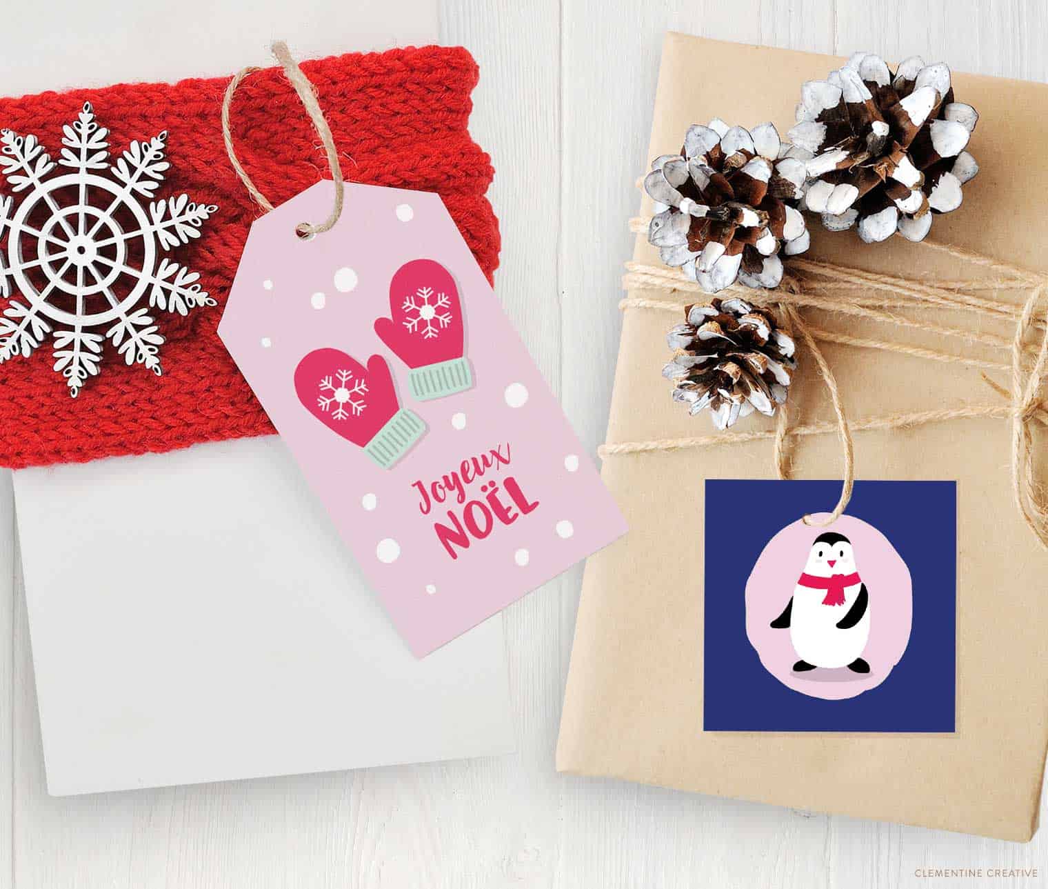 Christmas gifts wrapped in plain paper feature vivid pastel printable labels with winter images and 3-D decor.