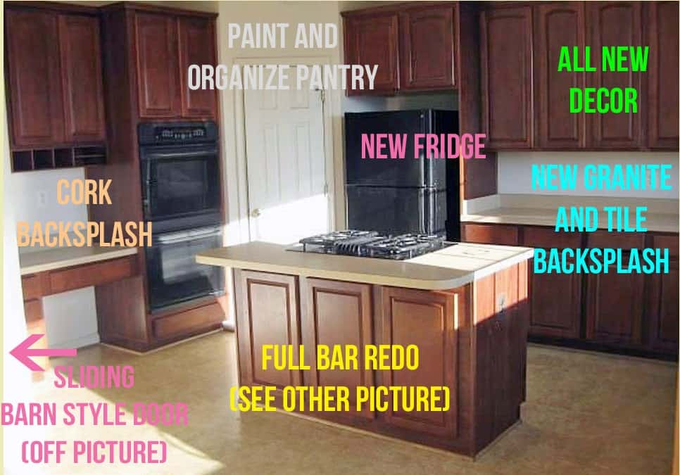 Traditional kitchen with dark wood cabinets, beige countertops and tile, with written messages for makeover plans.