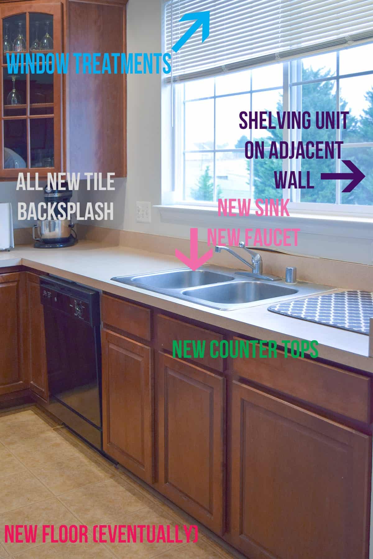 Traditional kitchen with window over sink with written text for future remodel plans. 