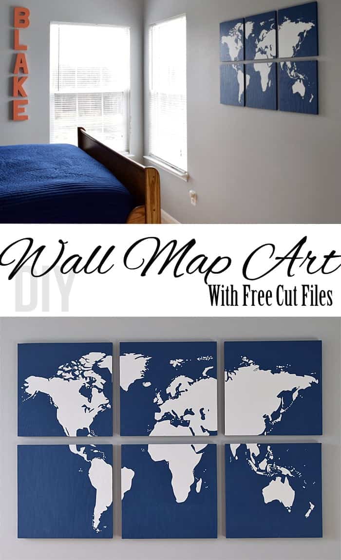 DIY blue and white sectioned world map art on gray wall in boy's room.