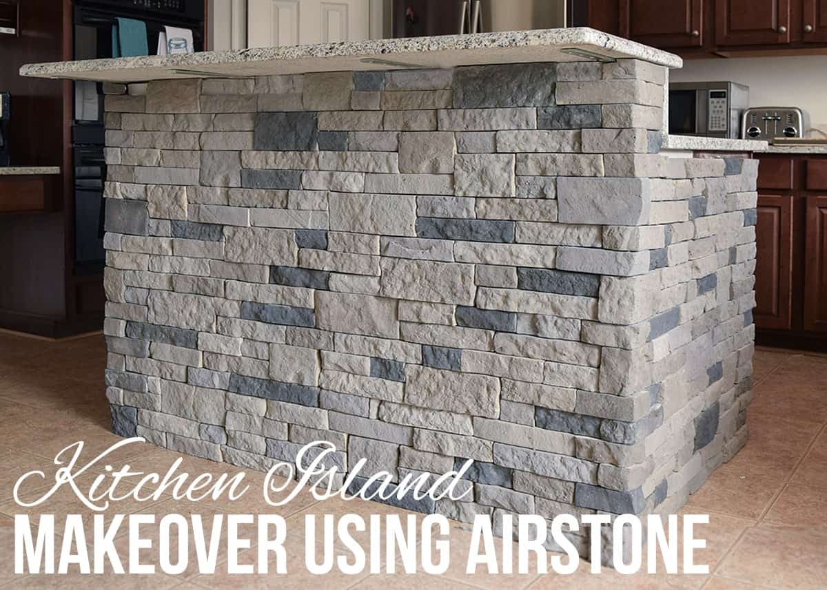 Completed kitchen island with faux airstone veneer walls around sides. 