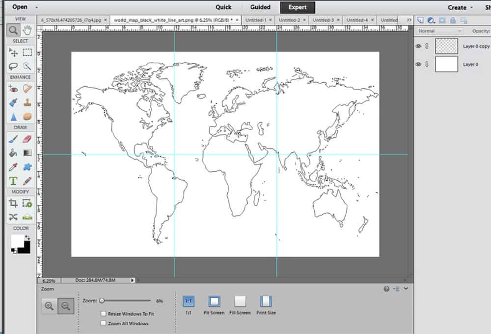 Photoshop design of world map divided into 6 sections. 