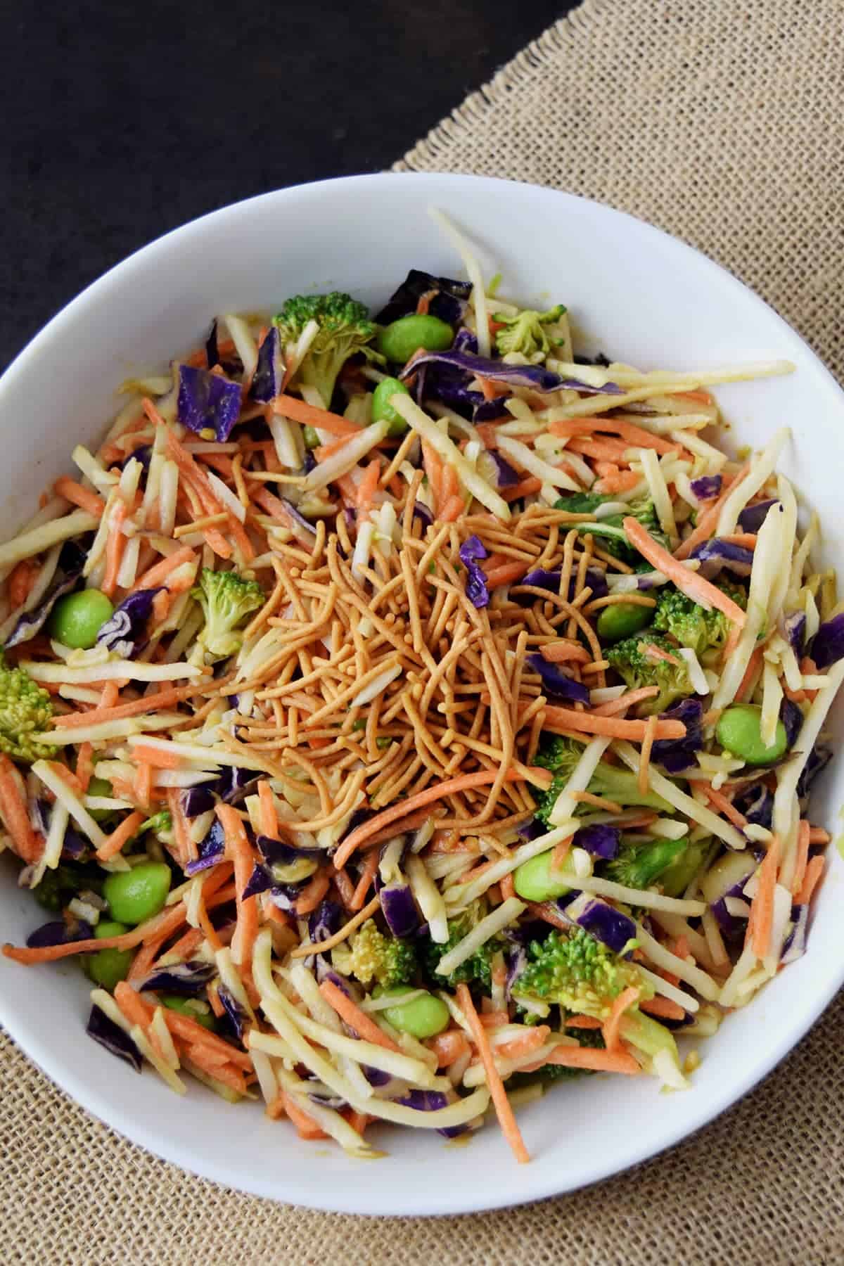 Asian Slaw with Ginger Peanut Dressing in a bowl.