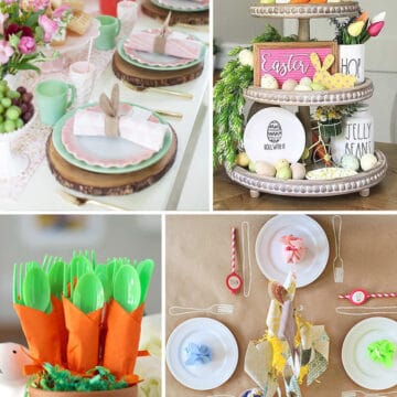 Collage of simple Easter table decorations including carrot forks, faux greenery tray, and lots of bunnies.