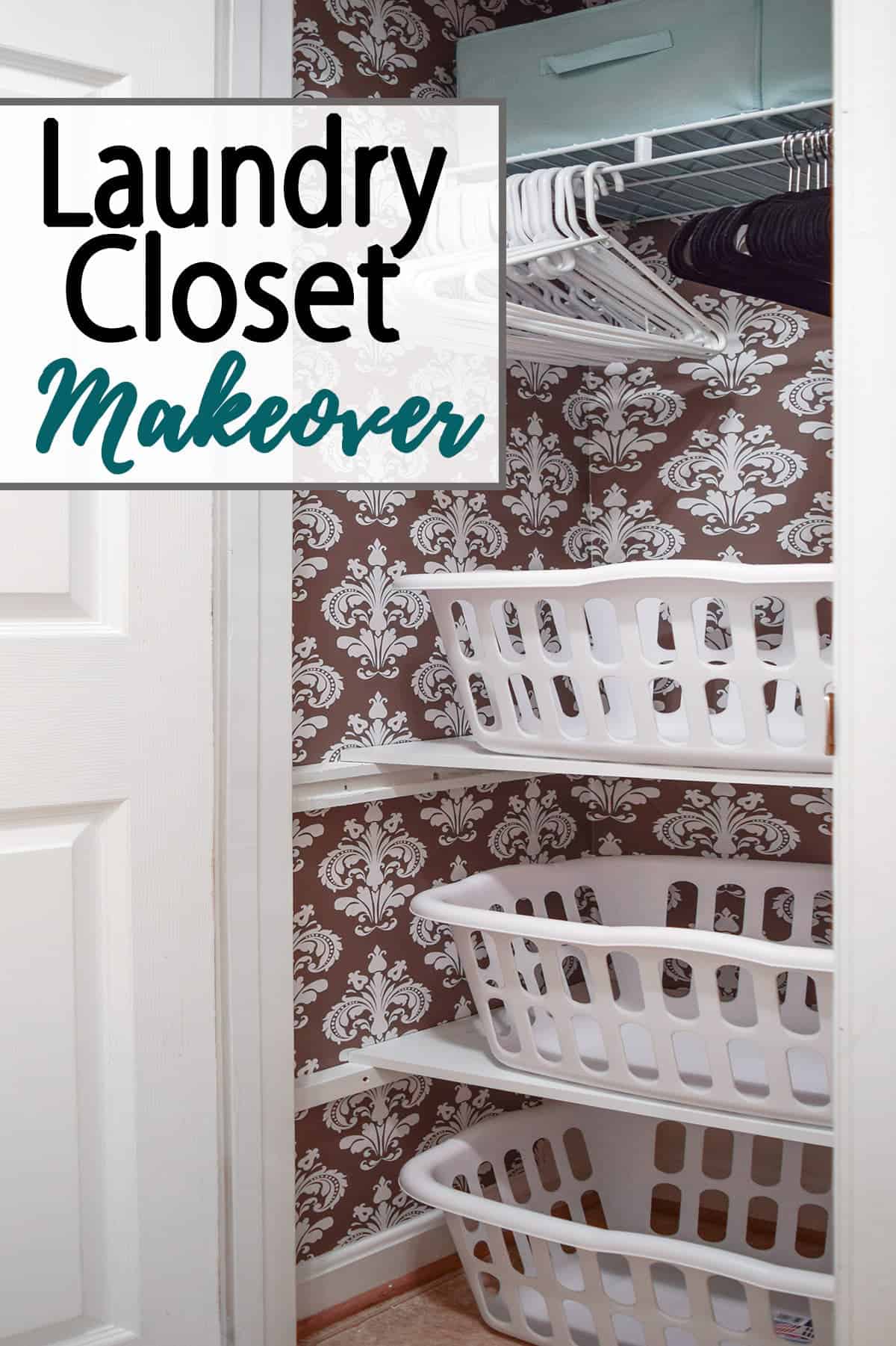 Before and after of small laundry closet makeover with post title. 