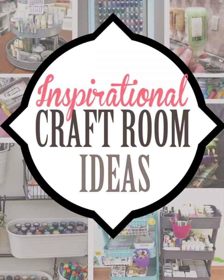 Collage of craft room organization ideas including bins, stands, and drawers. Overlay reads craft room ideas.