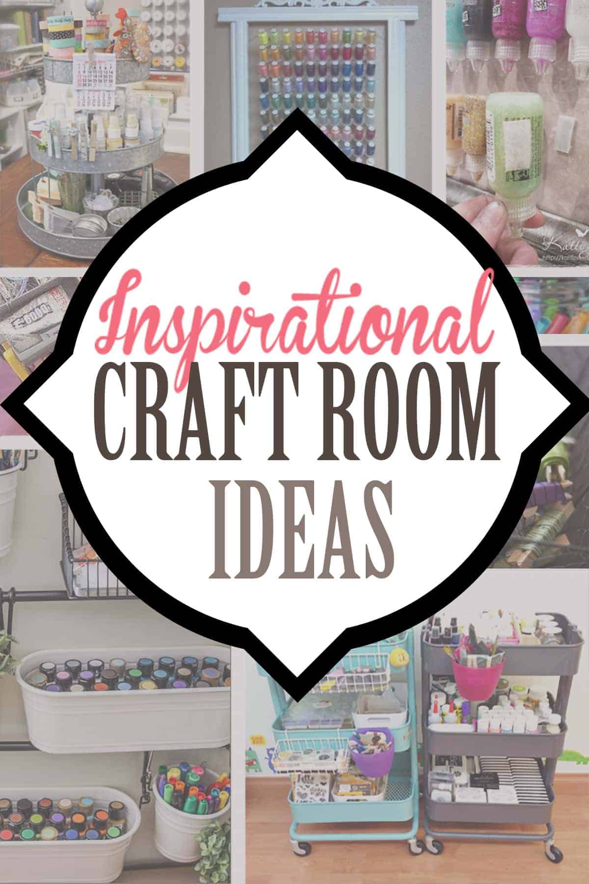 Inspirational Craft Room Ideas Collage of craft room organization ideas including a cart, hanging storage, and paint in bins. Overlay of post title.