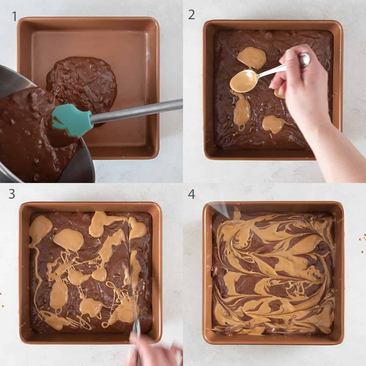 Collage of steps showing how to marble brownies.