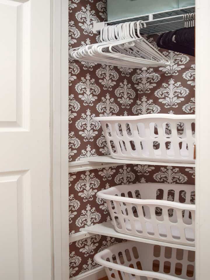 Laundry Closet Makeover - Turning a broom closet into a functional space to stack laundry in baskets