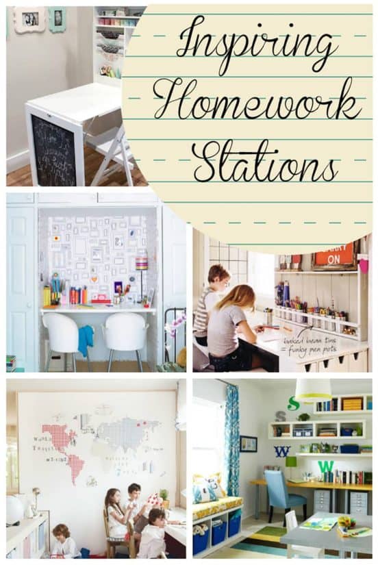 Collage of homework stations and children's desks including maps, chairs, and study aids.