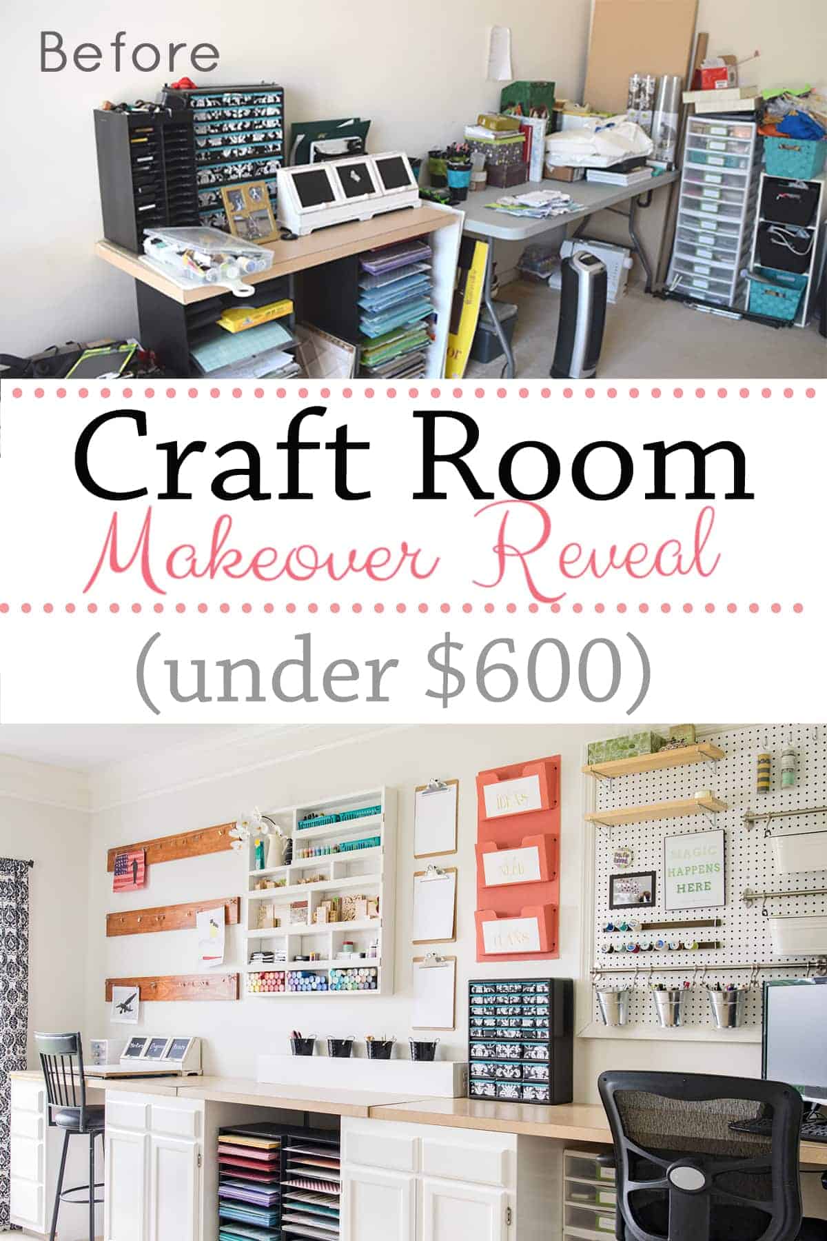 Before and after of white organized craft room makeover with DIY storage projects, 