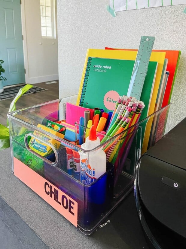 Portable homework station with school supplies inside.