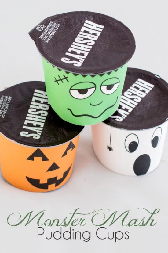 FREE Halloween Printable pudding cup covers. Make food fun with these cute and spooky Frankenstein, Ghost, and Jack-o-lantern monsters.