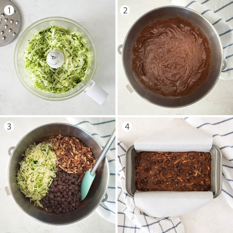 Steps for how to make zucchini bread including shredding zucchini, making batter, and topping with chocolate chips.