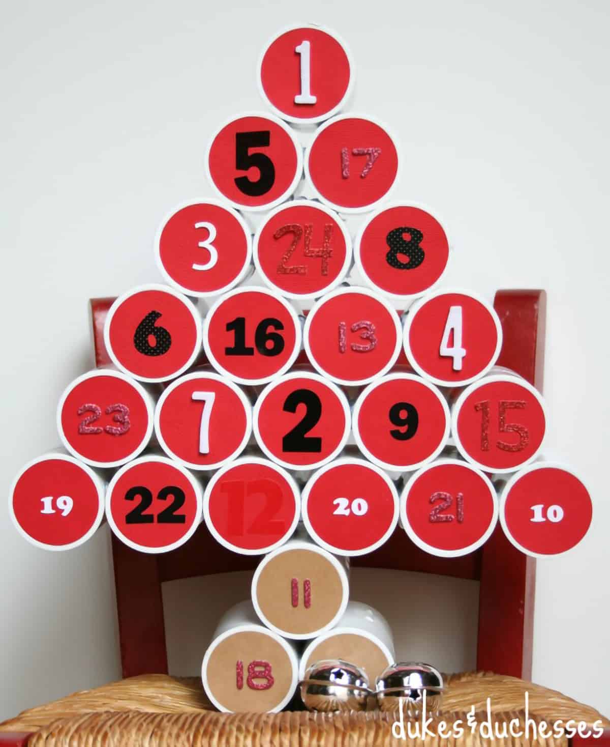 Christmas tree countdown calendar made from pvc pipes.