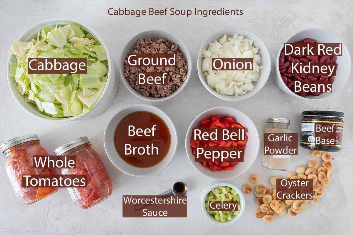 Vegetable Beef Soup Ingredients in bowls with text labels.