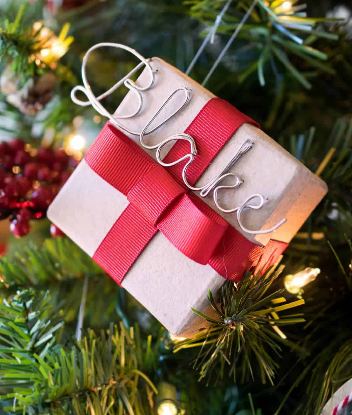 Closeup of DIY Family Christmas Tree Ornaments.