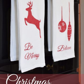 Christmas Stenciled Tea Towels - Free Christmas Silhouette Icons to create stencils including jumping reindeer, ornaments, Christmas Tree silhouettes, and text. Files are available in PDF and free silhouette studio cutfiles