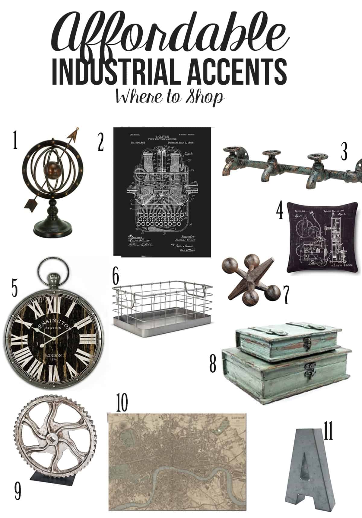 Collage of affordable industrial decor accent ideas. 