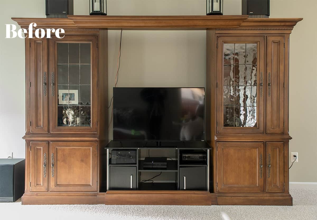 Used entertainment center from a thrift store before a makeover.