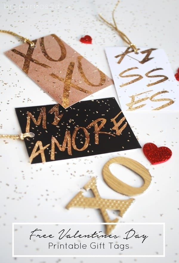 Valentine's Day gift tags on a table.