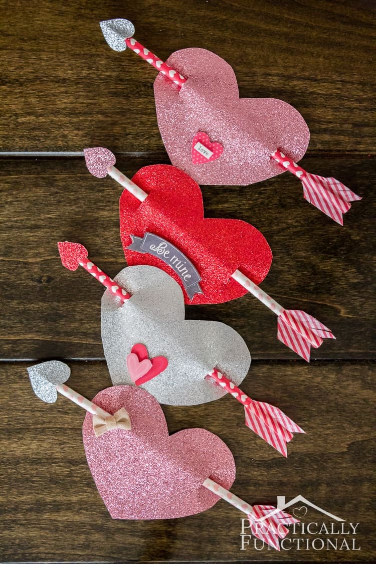 Cupid's Arrow valentines with sparkly heart-shaped paper.