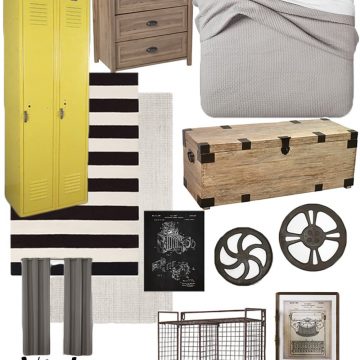 Industrial bedroom mood board with yellow and gray accents.