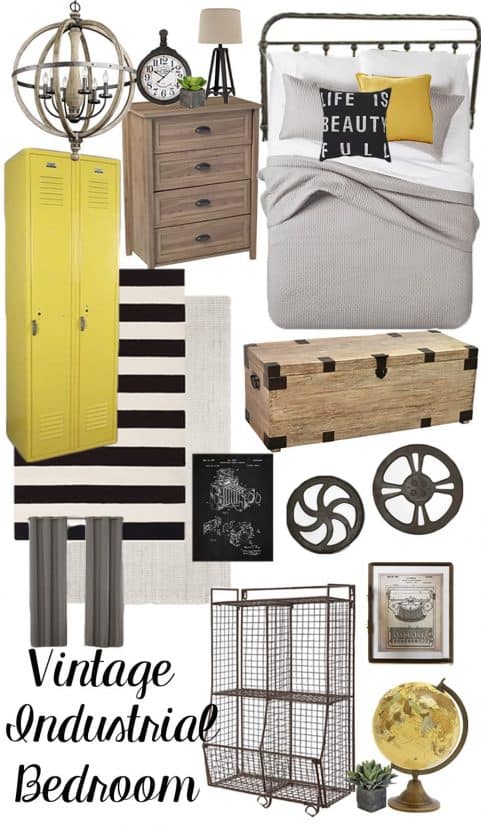 Industrial bedroom mood board with yellow and gray accents.