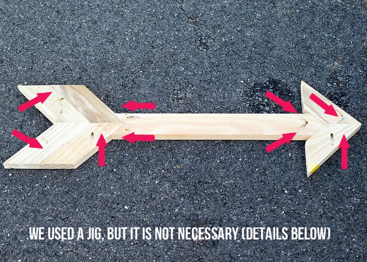 DIY wooden arrow shown with small red arrows to indicate direction to put pocket screws when assembling. 