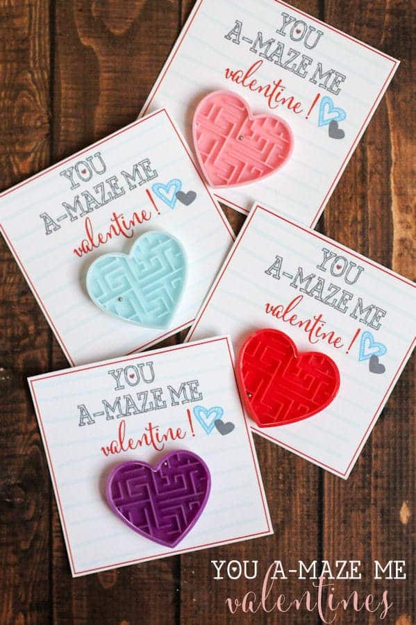 You A-Maze Me Valentines with heart shaped mini mazes attached to  Valentine's cards 