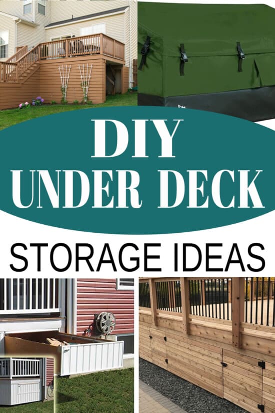 Collage of Under Deck storage ideas including doors, drawers, a shed, and organization.