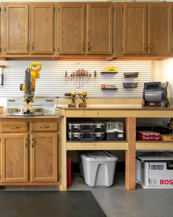 Organized Garage workbench with cabinets and tools in cases.