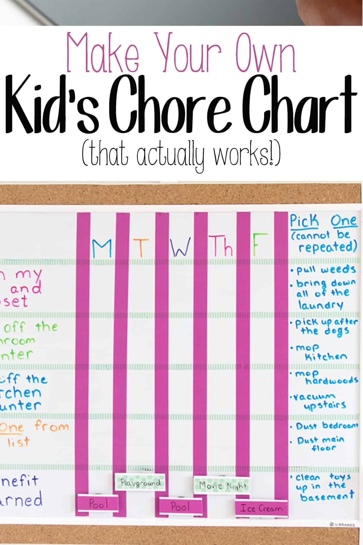 DIY kid's weekly chore chart on dry erase board with post title. 