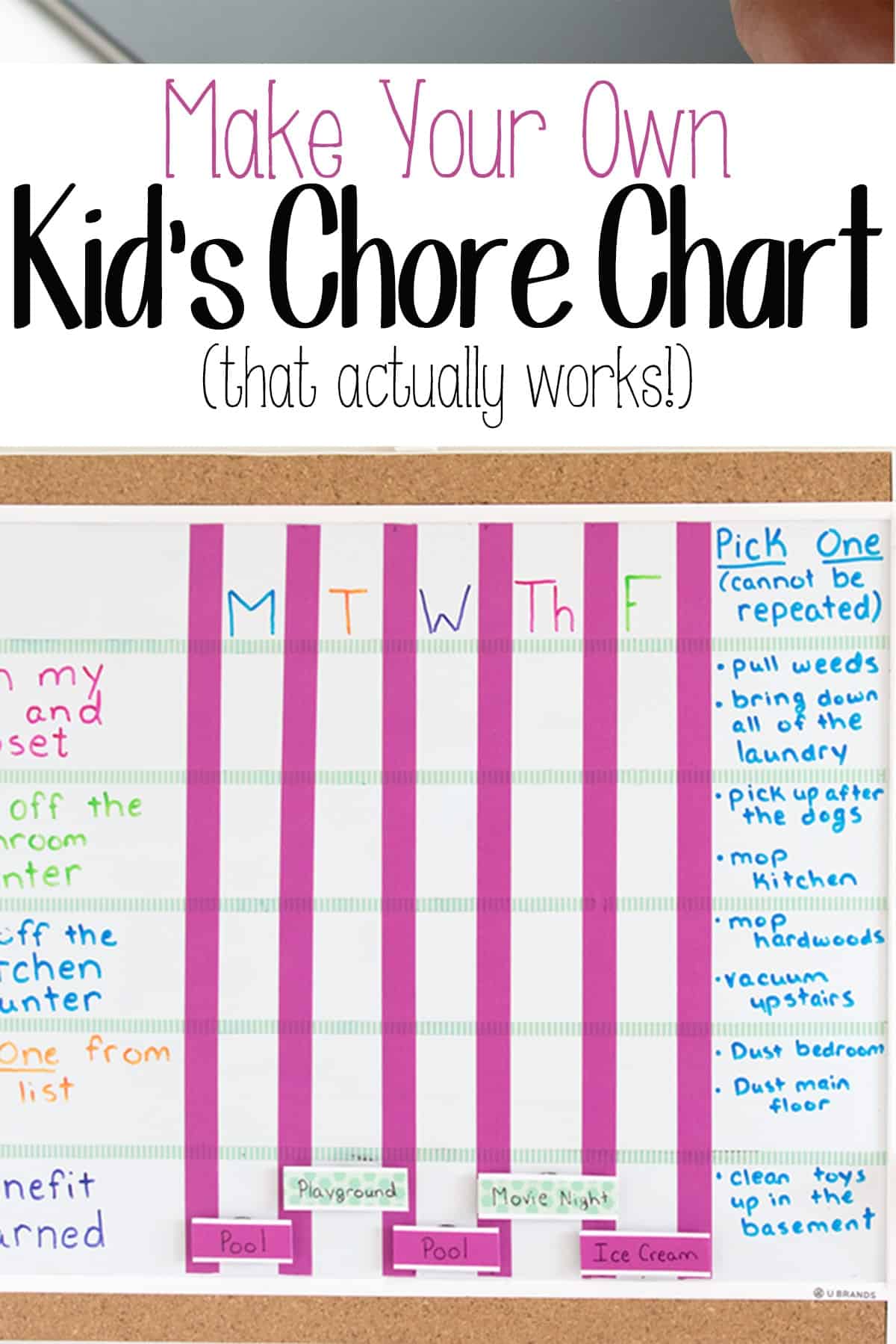 Kid's chore chart with chores on the right side and days on the top row.