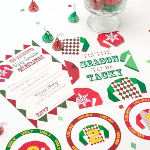 Free printable Christmas invitations for ugly Christmas sweater party next to bowl of Hershey's kisses