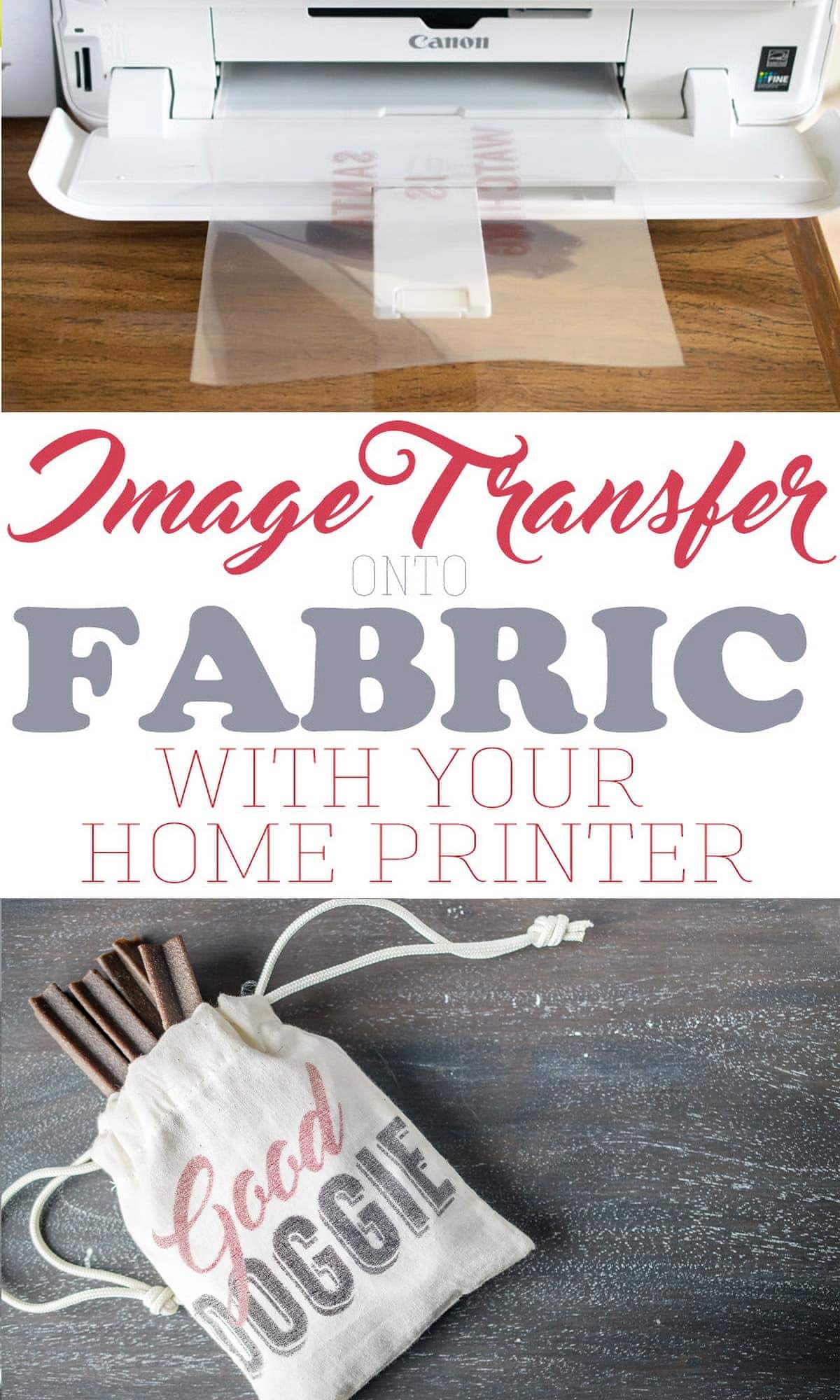 Collage of steps to transferring an image onto fabric with an inkjet printer and finished pouch. with image transfer.