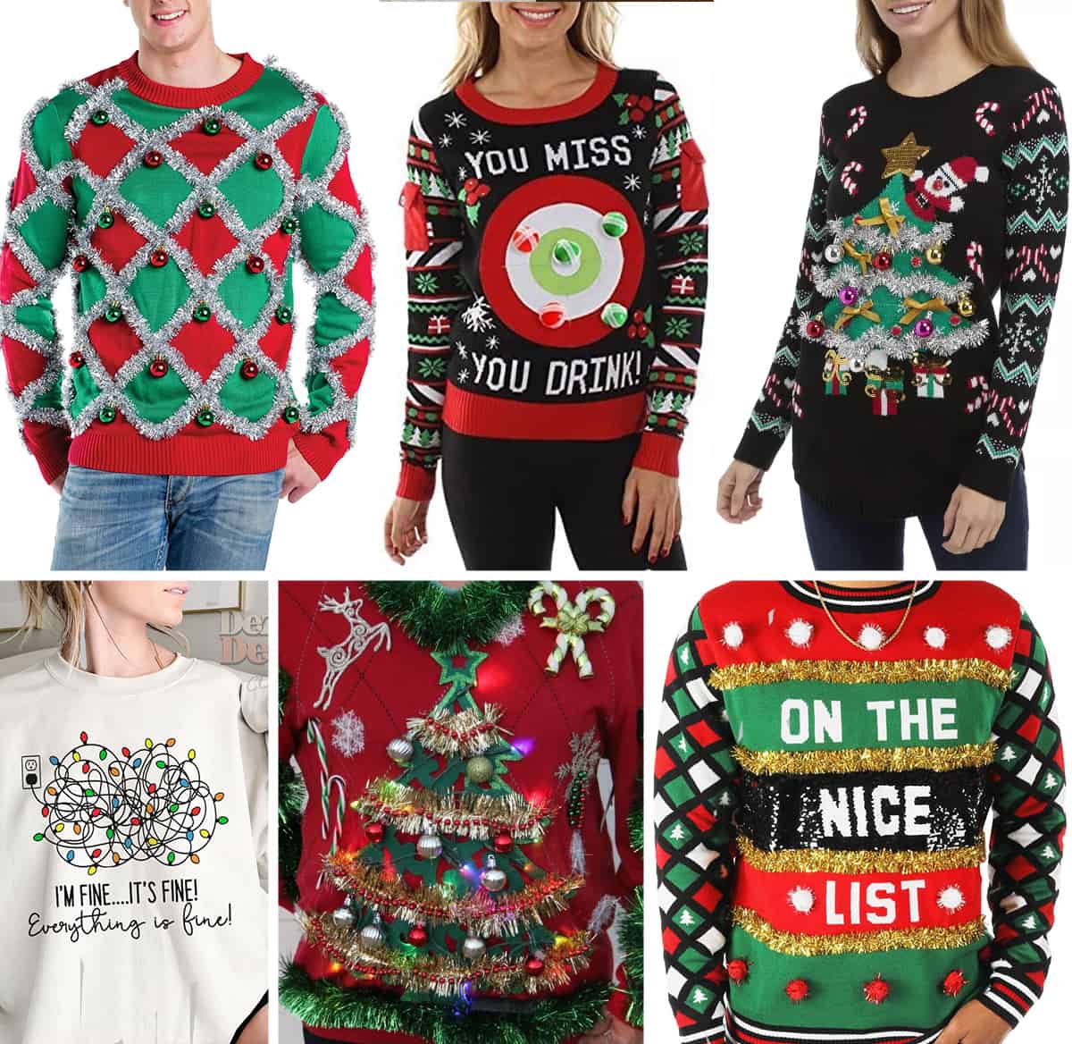 Collage of Ugly Christmas sweaters from amazon and etsy. 