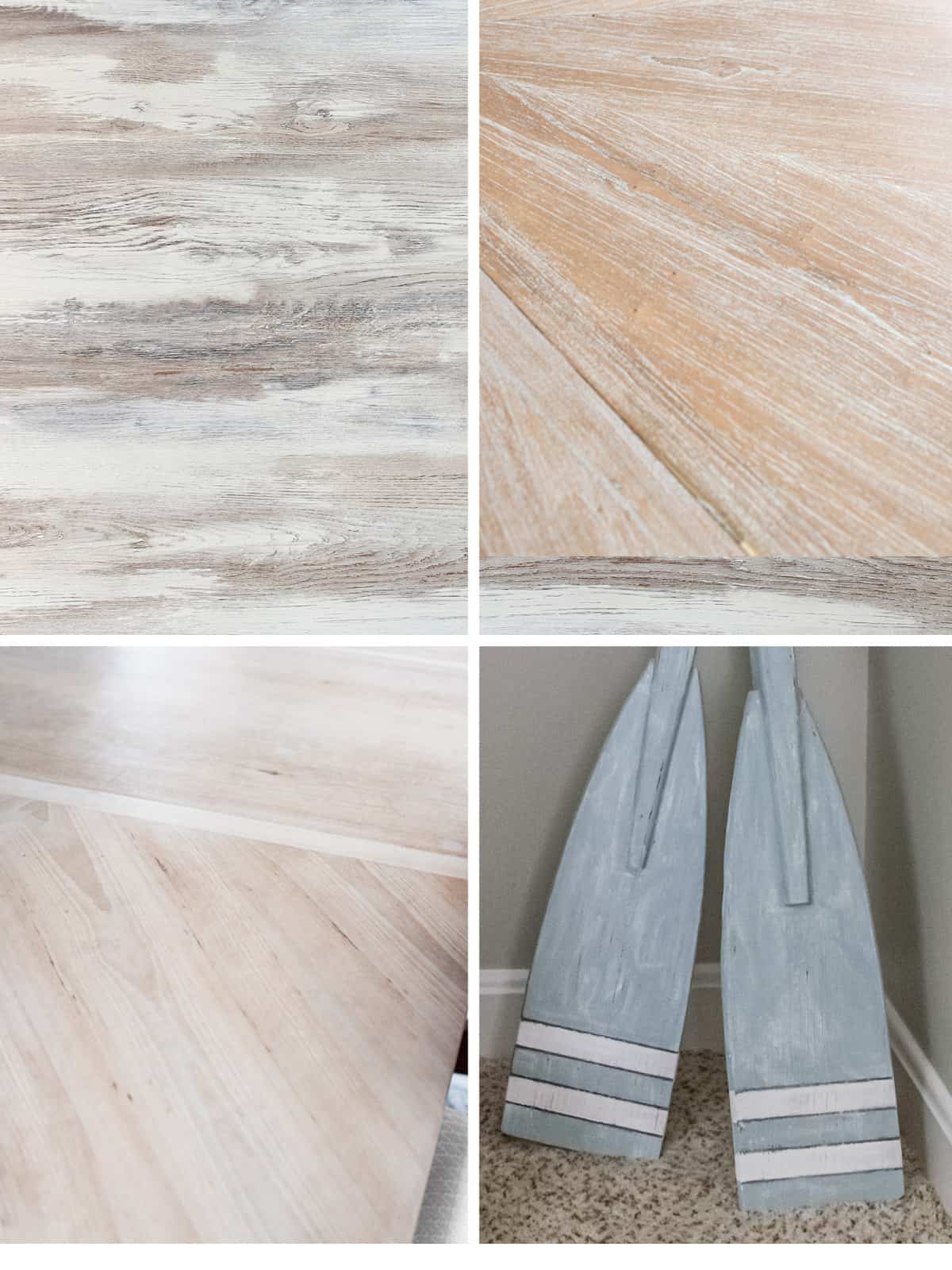 Collage of whitewashed wood and furniture samples.