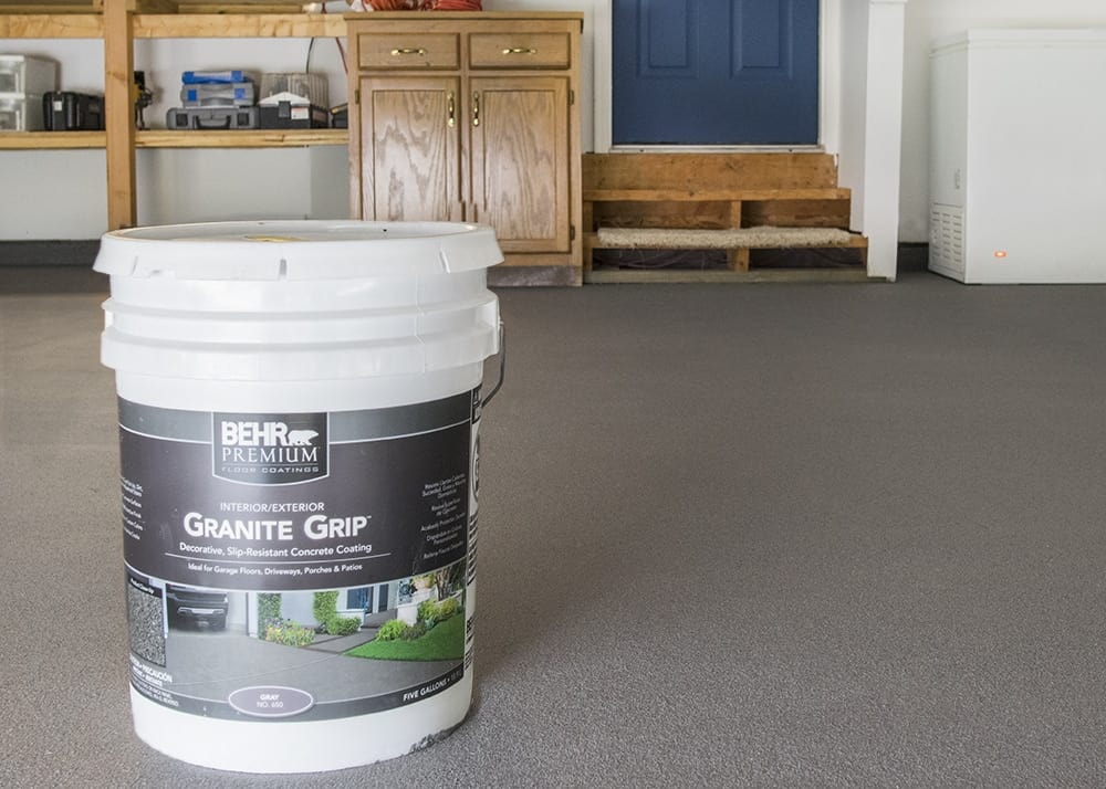 Garage floor with fresh coat of Behr Premium Granite Grip non-slip coating,