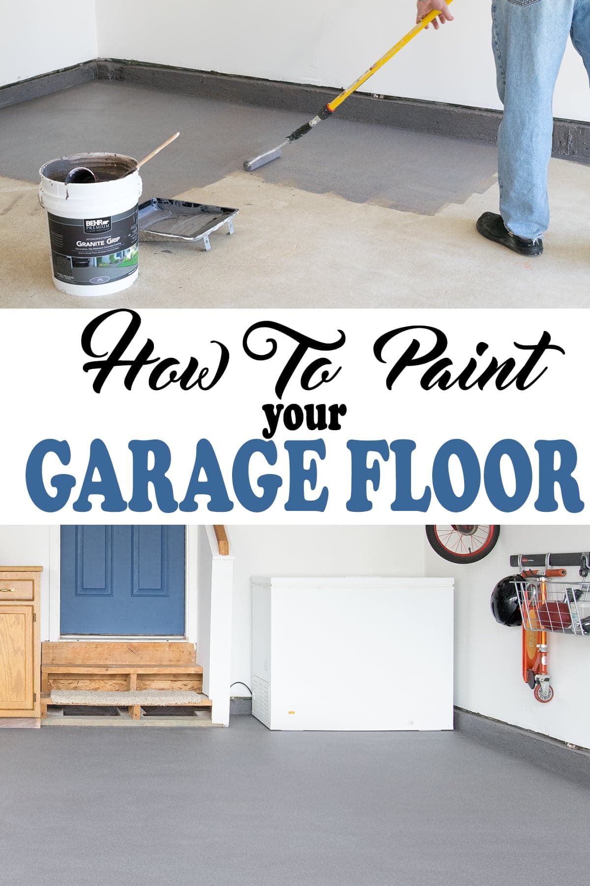 Before and after of a DIY painting project for painting a residential garage floor with post title. 