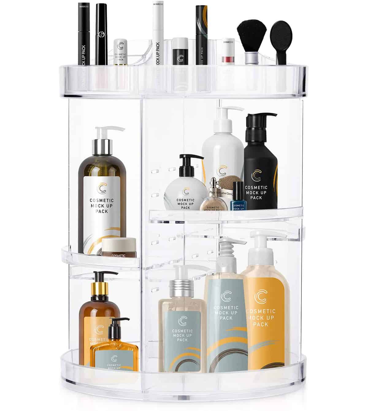 Rotating makeup organizer with compartments filled with bottles and makeup.