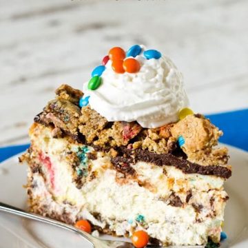 A single slice of Monster Cheesecake with crust on top and m&ms and whip cream.