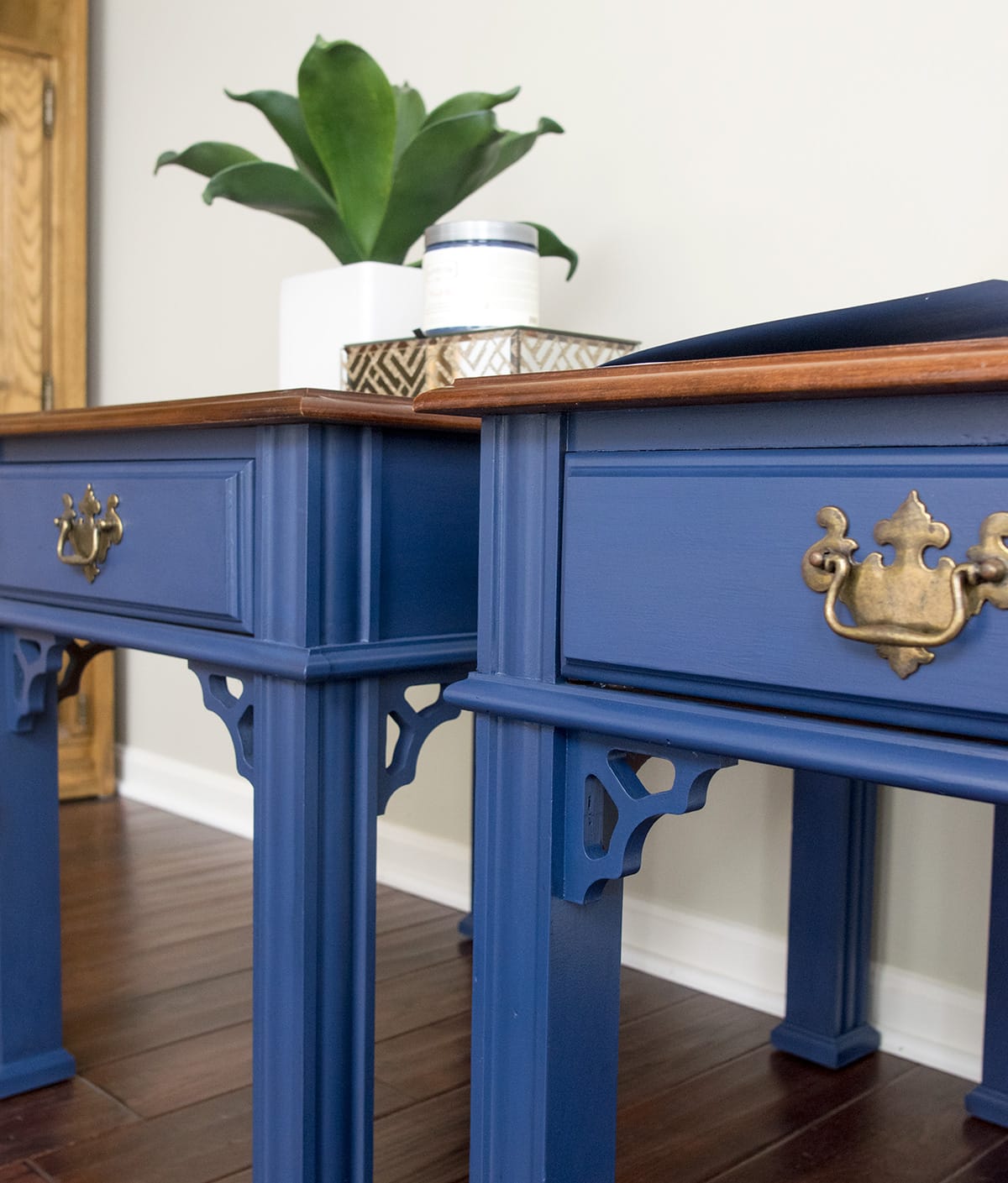Set of side tables refinished in Midnight Blue Country Chic chalk paint 