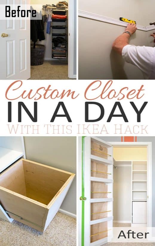 Collage of building a closet with shelves, storage, and laundry hamper.