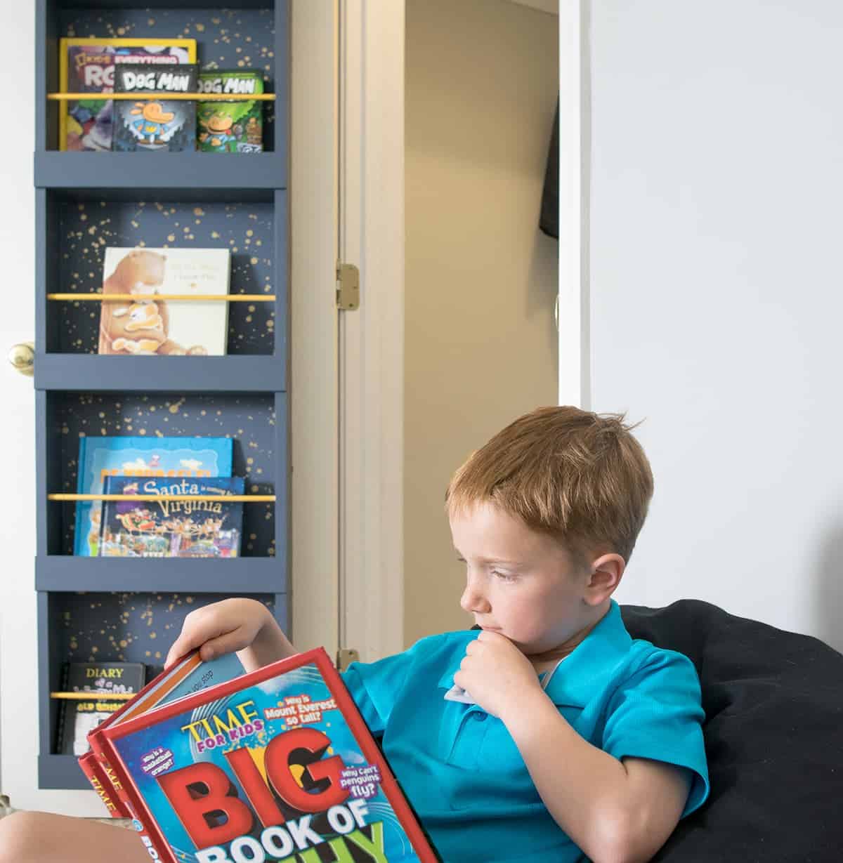 Boy reading a book in front of a bookshelf on a closet door.