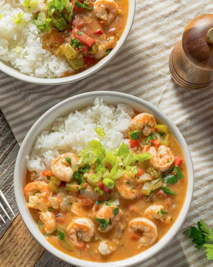 Shrimp etouffee in a bowl on a table.