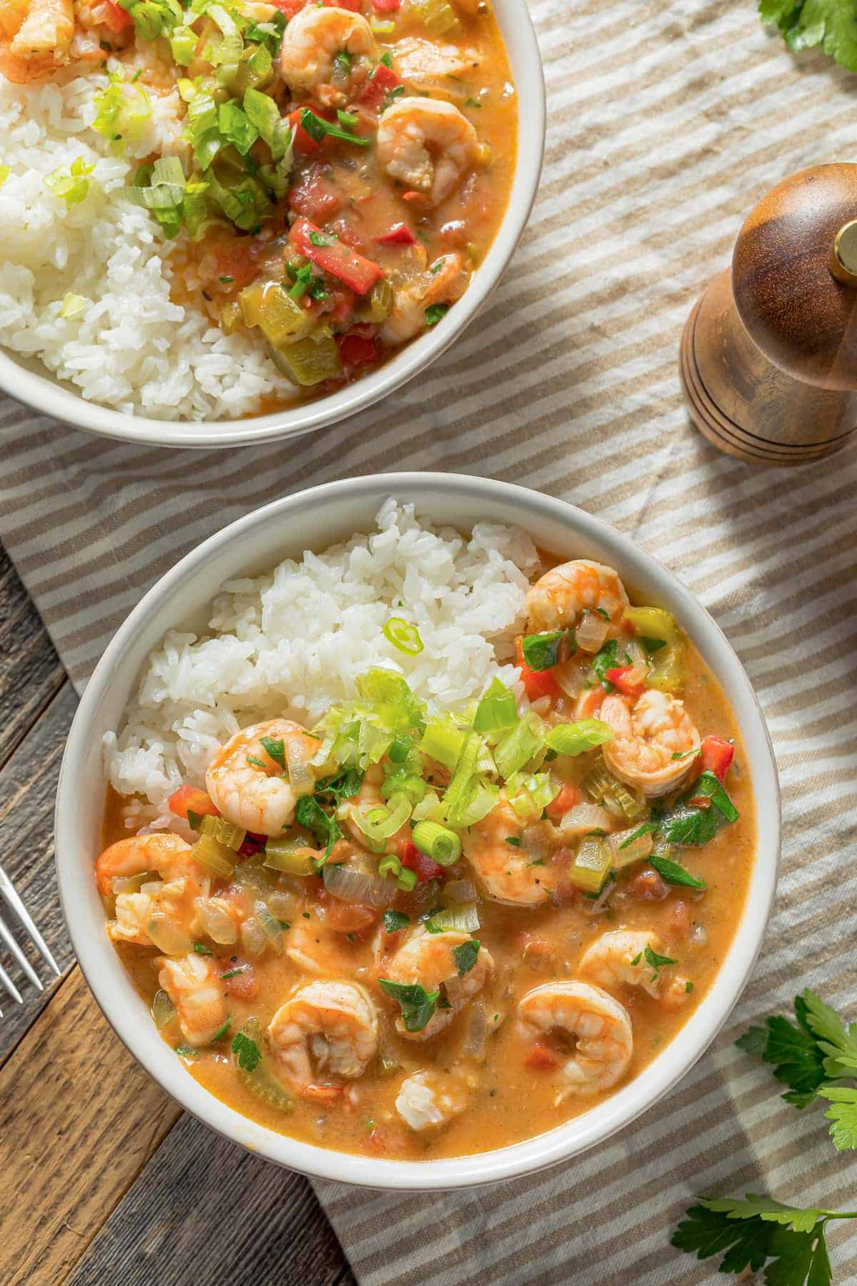 Shrimp etouffee in a bowl on a table.